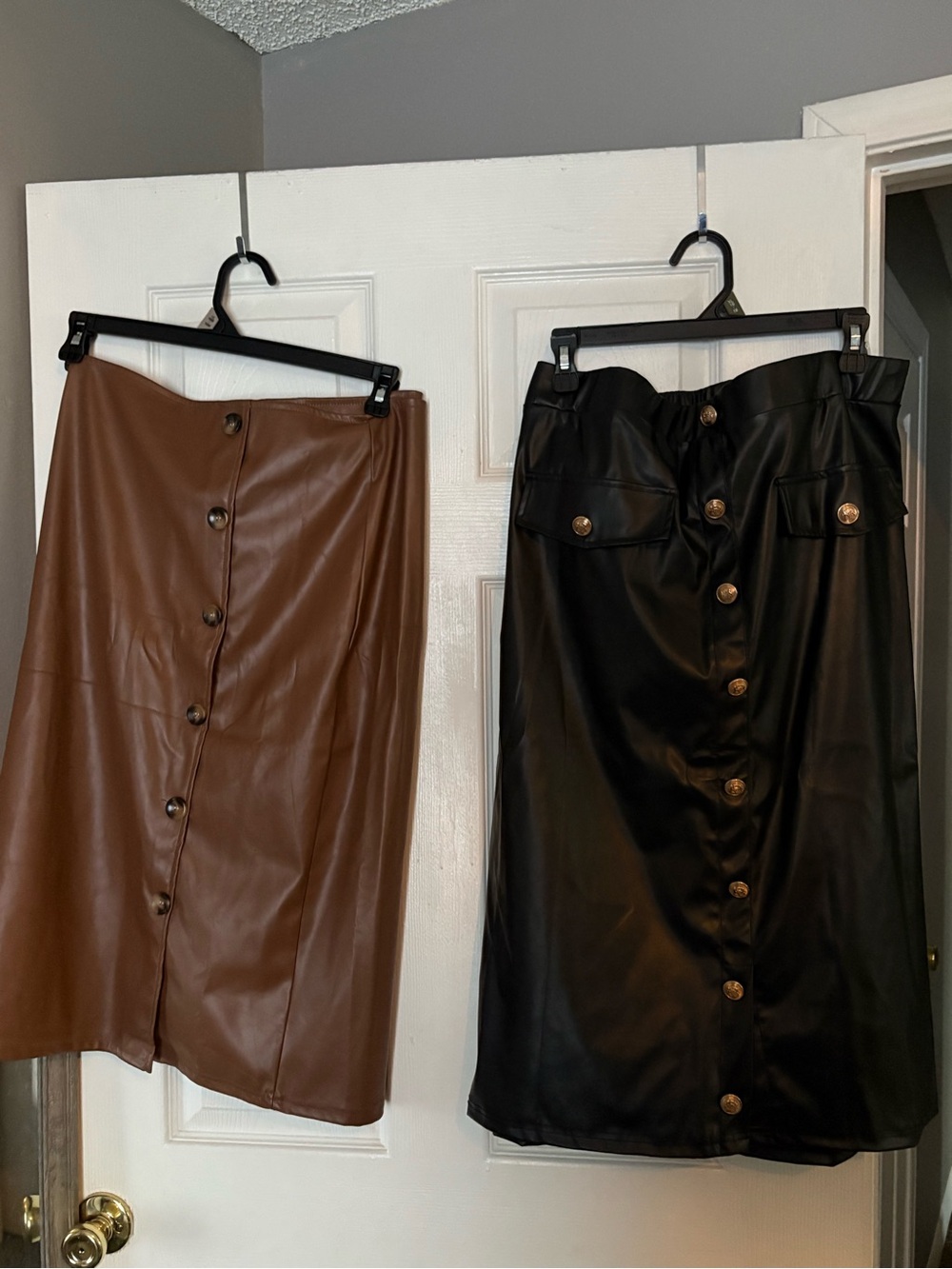 Faux Leather Button-Front Midi Skirt - Black and Brown